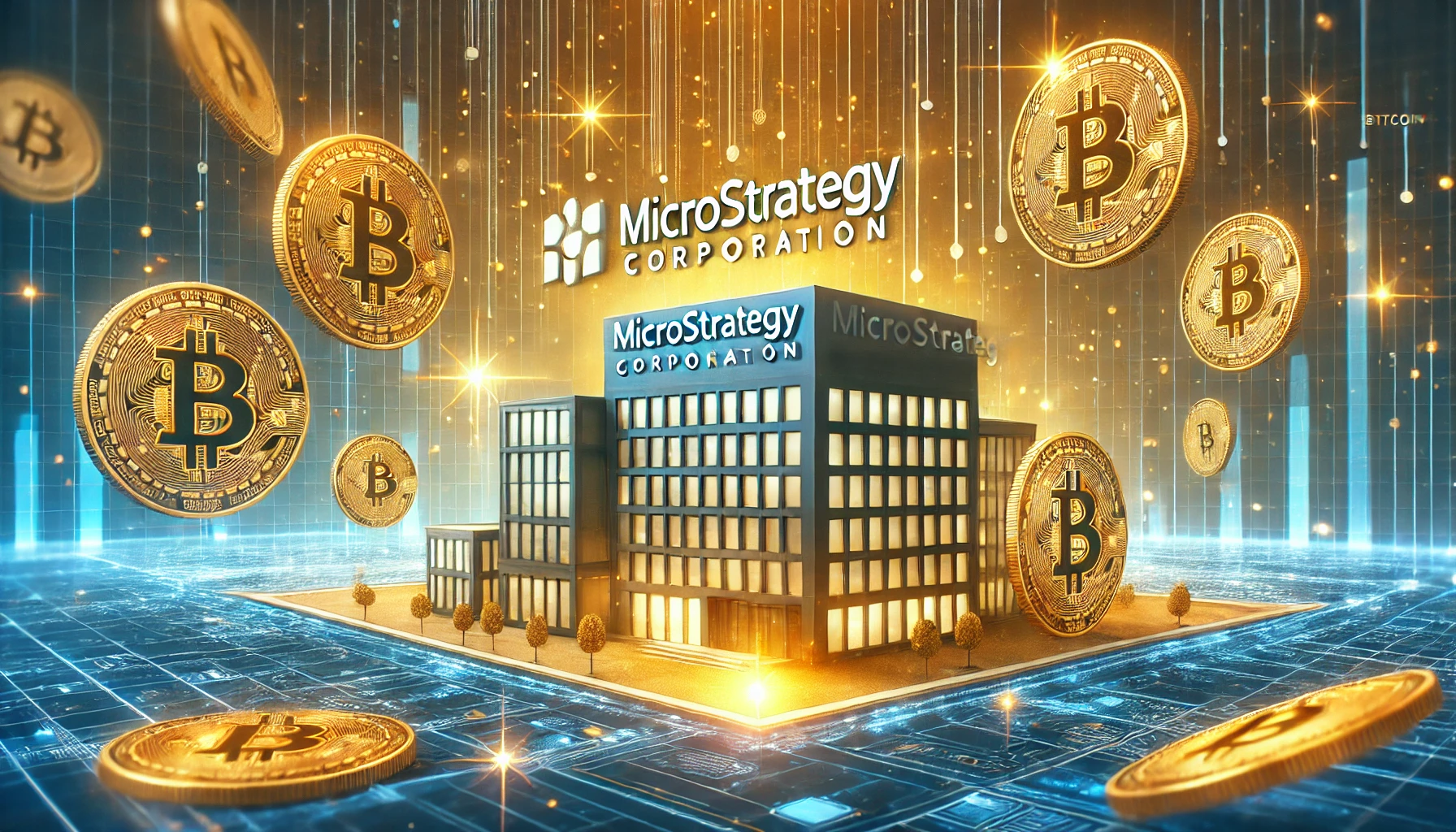 A conceptual illustration representing MicroStrategy Corporation and its Bitcoin strategy. The image features a modern corporate building with the Mic