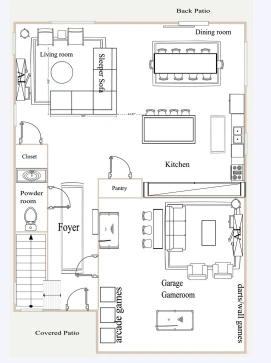 First floor plan: kitchen, foyer, and game room layout