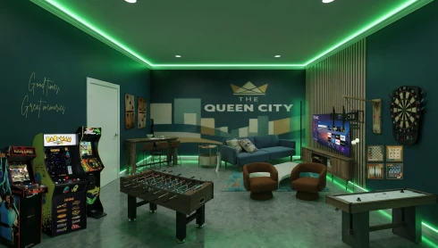 Game room after render: converted from garage