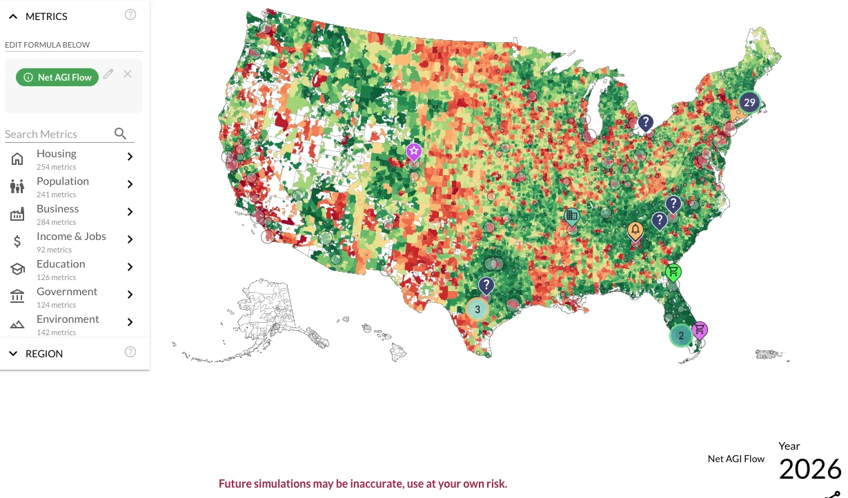 US heatmap showing net AGI flow — where wealth is growing and where it is leaving